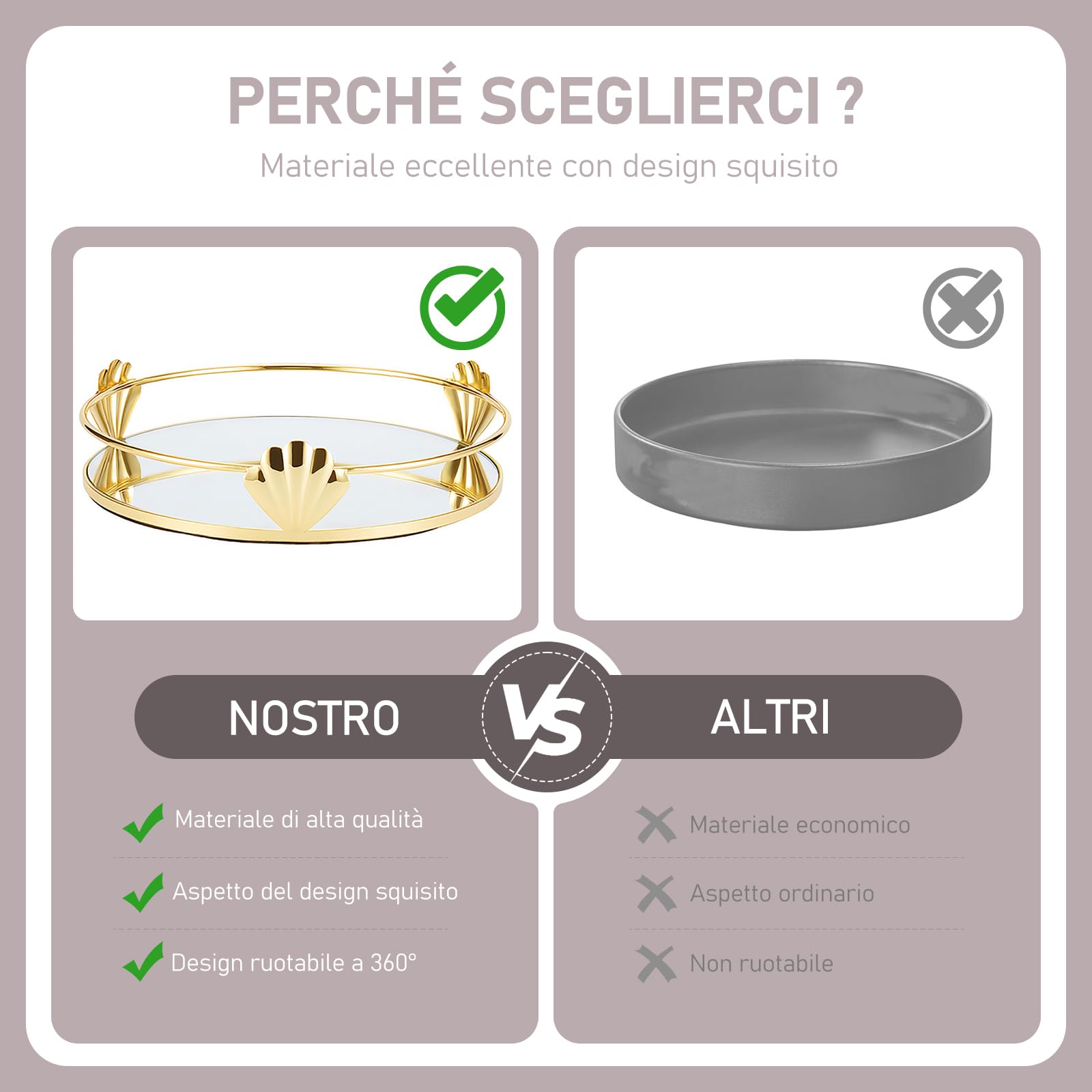 Vassoio Rotante per Profumi, Portaoggetti in Metallo Dorato, Decorativo per Cosmetici, Bagno in Vetro, Rotondo a Specchio