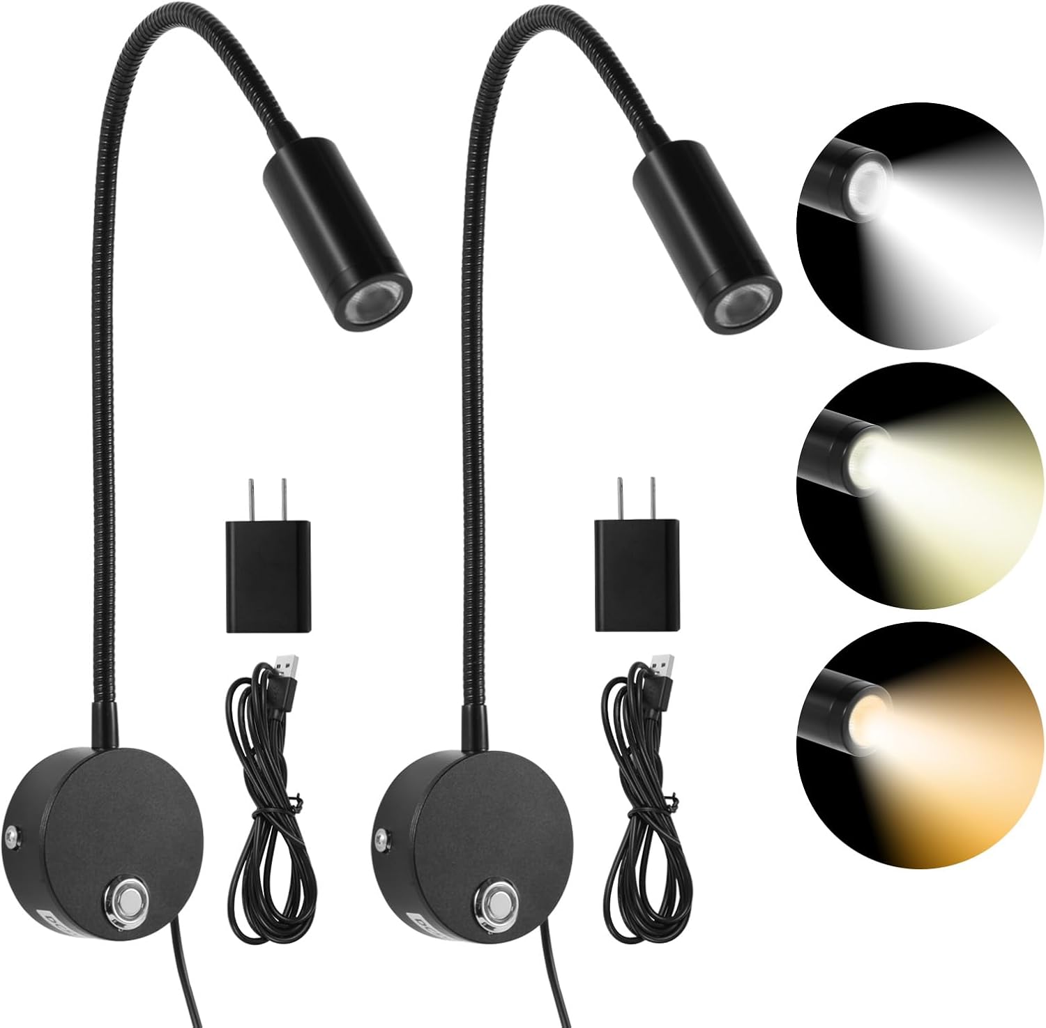 Reading Light for Bed, Wall Mounted Reading Lights with 15" Flexible Gooseneck, Touch Control, 3 Colors Temperature and Stepless Dimmable, Plug in Headboard Book Light(2 Pack)