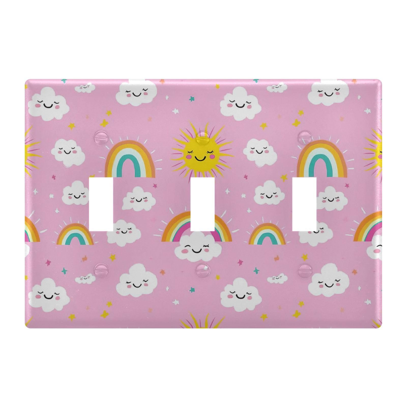 Light Switch Cover Cute Rainbow Sun Cloud Pink Wall Plates for Electrical Outlets 3 Gang 202b6632