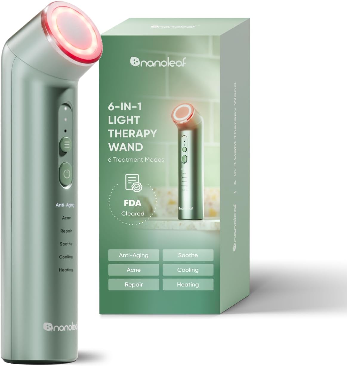 Nanoleaf FDA-Cleared 6-in-1 Light Therapy Wand for Face & Neck, Facial Massager with Red & Blue Light, Vibration, Heat & Cooling, Light Therapy Device for Anti-Aging & Acne