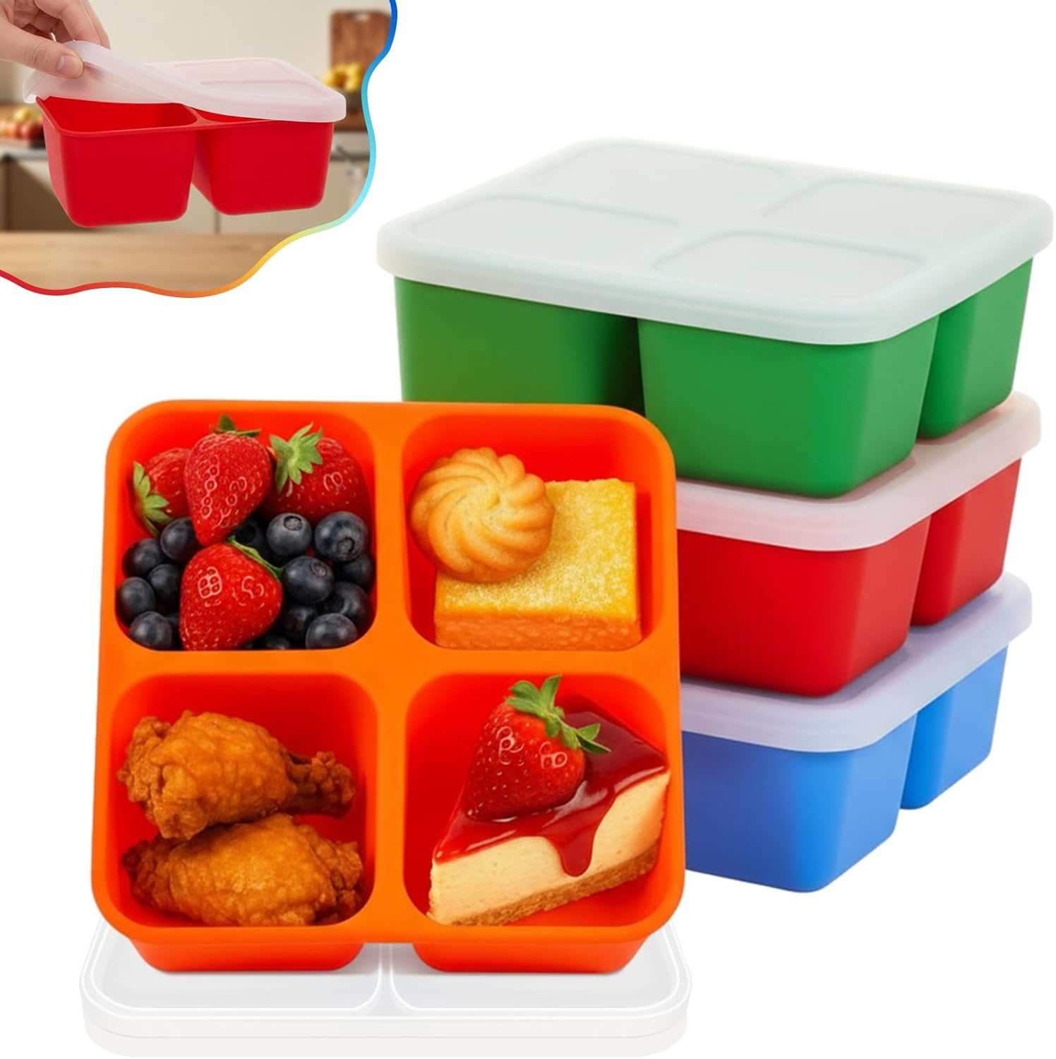 Roshtia 4 Pack Silicone Food Containers with Lids, Reusable Thickened Bento Lunch Box Packs for Meal Prep Food Storage, Microwave Dishwasher Safe(4 Compartment,Bright)