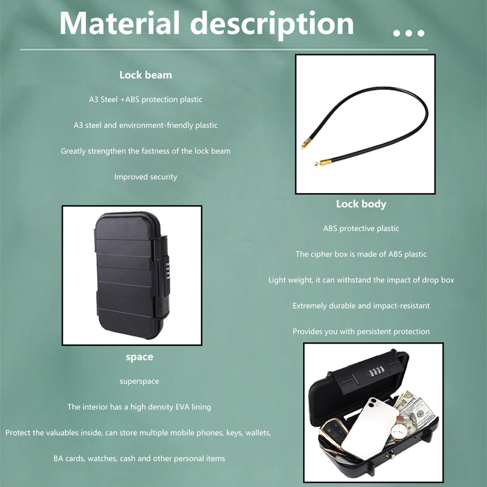 Coffre-fort portable sans clé avec chaîne amovible – Coffre-fort de voyage en caoutchouc étanche pour téléphone, bureau et plage, noir