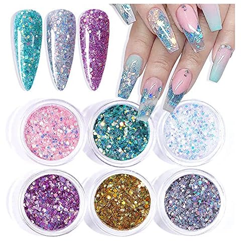 Holographic Acrylic Nail Art Supplies 6 Boxes Nail Glitter Powder Set 3D Flakes Decoration for Acrylic Powder Glitter for Women Nails Art Decoration Cover