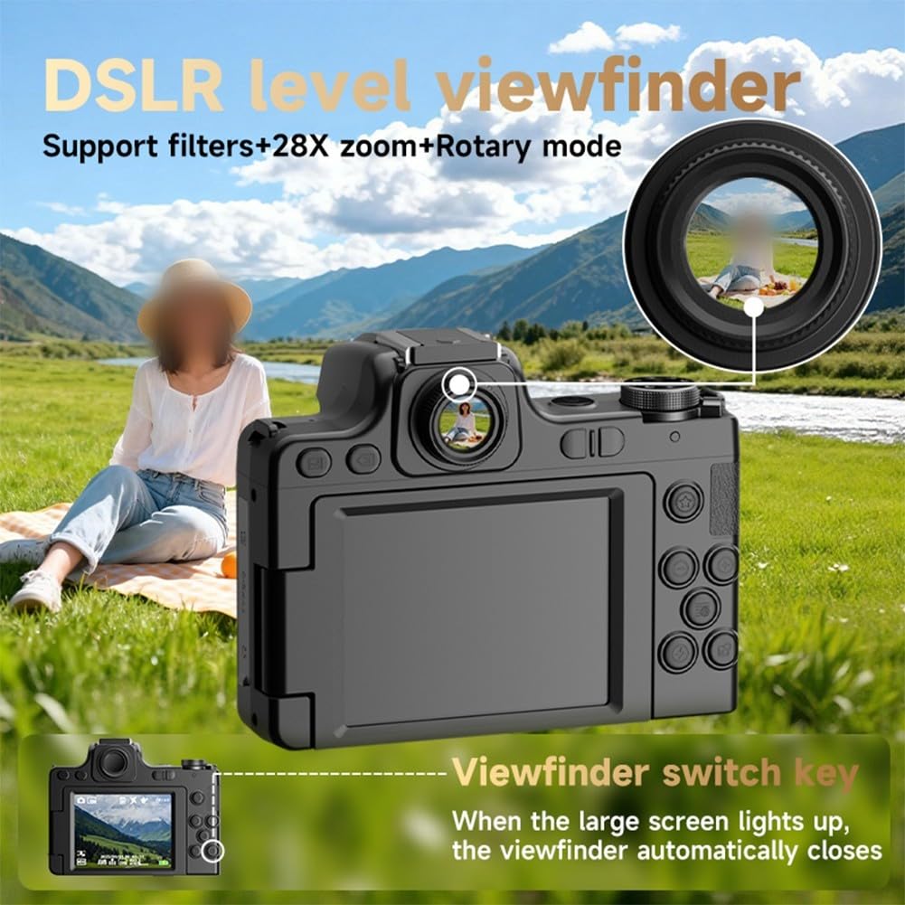 Fotocamera digitale 4K da 68 MP con zoom 28x, fotocamera WiFi Vlogging con schermo flip per fotografia, supporta microfono esterno e scheda TF da 128 GB, ideale per principianti (DC101 nero)