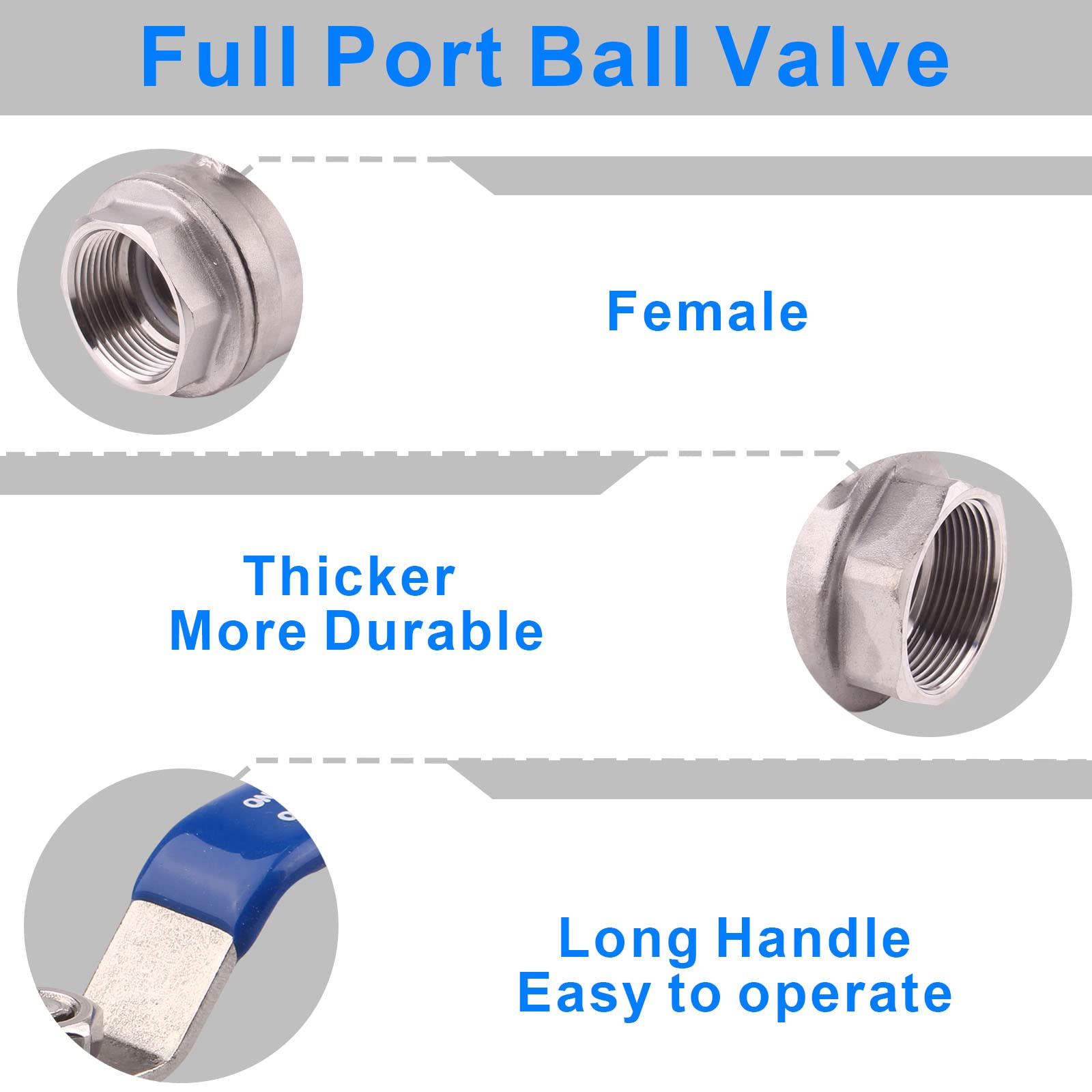 Dernord complète des ports Valve à bille en acier inoxydable 304 Heavy Duty pour l'eau, l'huile, et au gaz avec poignées de verrouillage Bleu