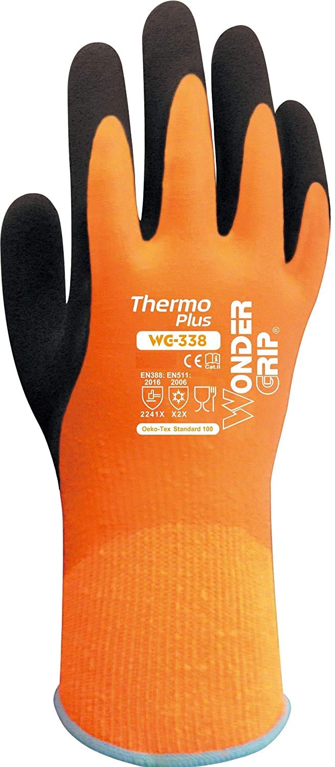 Wondergrip - Thermo Plus - WG-338 Safety Gloves - Double Latex Coating - 100% Waterproof & High Grip - Cold, Heat, Cut Level C Protection - Ergonomic Fit - Orange - X Small — image 1