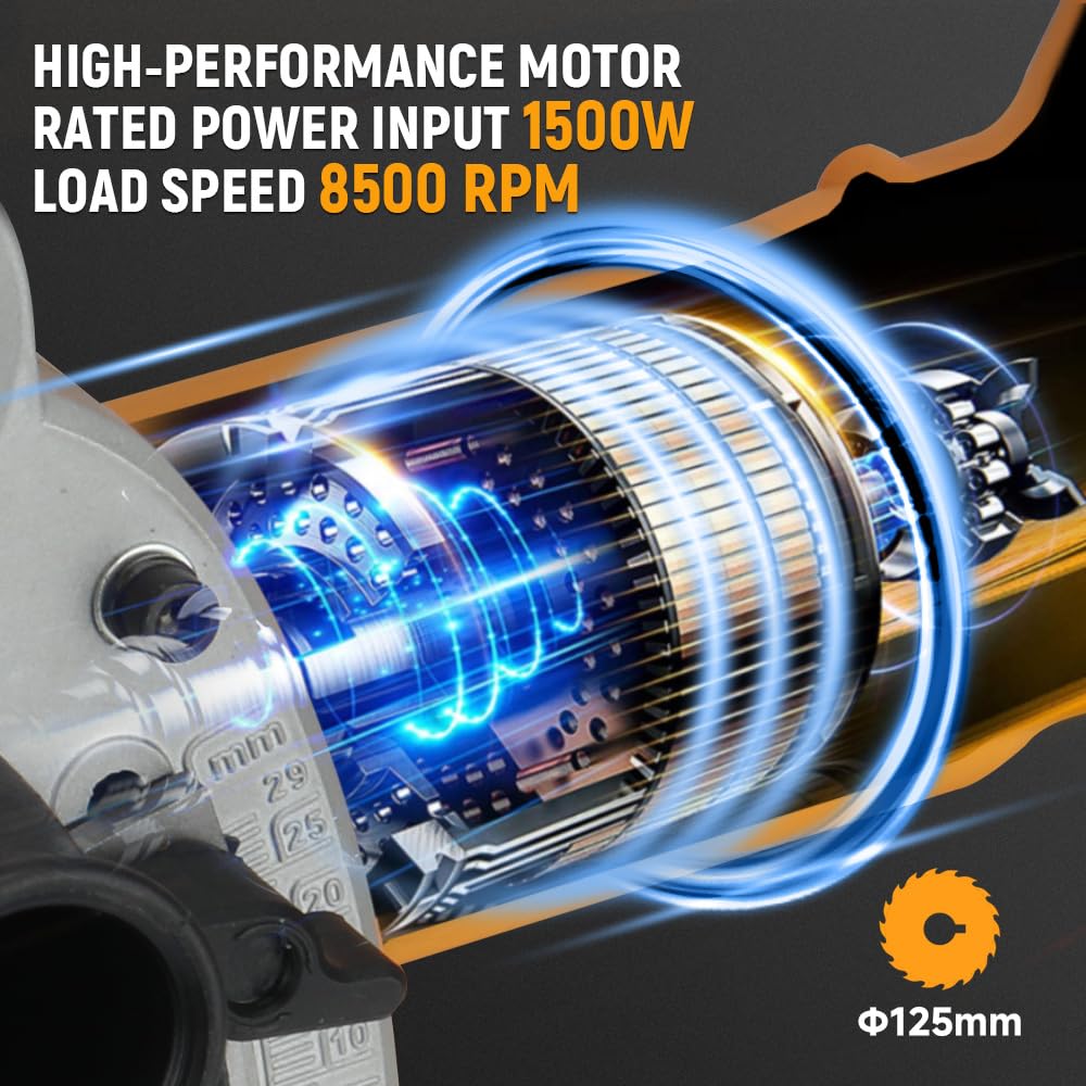 Hoteche 125mm 1500W Grabenfräse | Kupferdrahtmotor, Weichstart, 8500RPM, Mit 2 Diamant - Scheiben, in Farbschachtel
