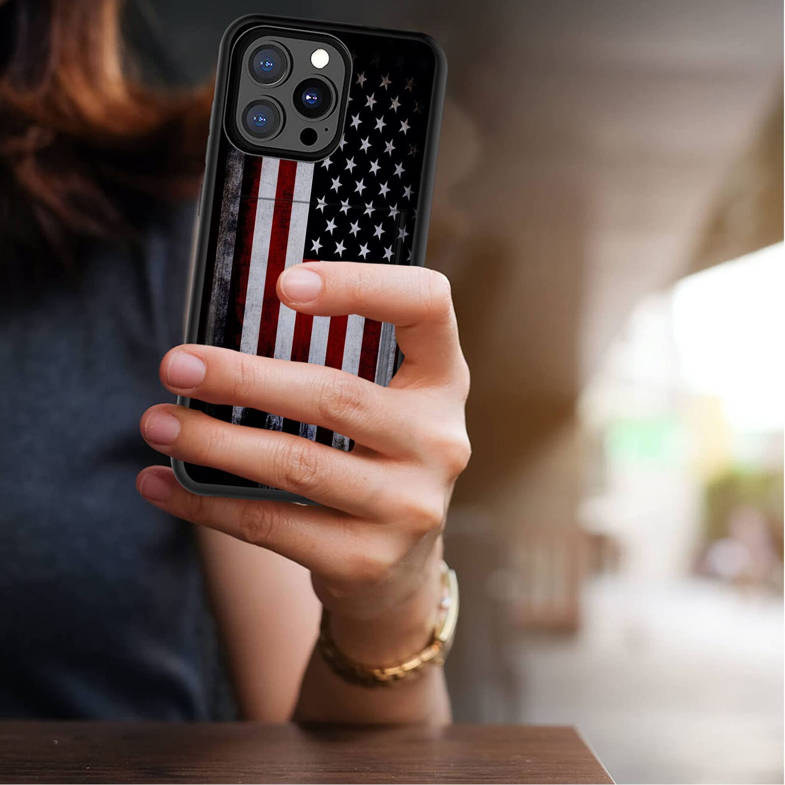 Vobber for iPhone 13 Pro Max Case,Wallet Case Hidden Card Slot Holder Shockproof TPU and PC Dual Layer Protective Case Cover for iPhone 13 Pro Max 6.7 Inch,Red Old American Flag