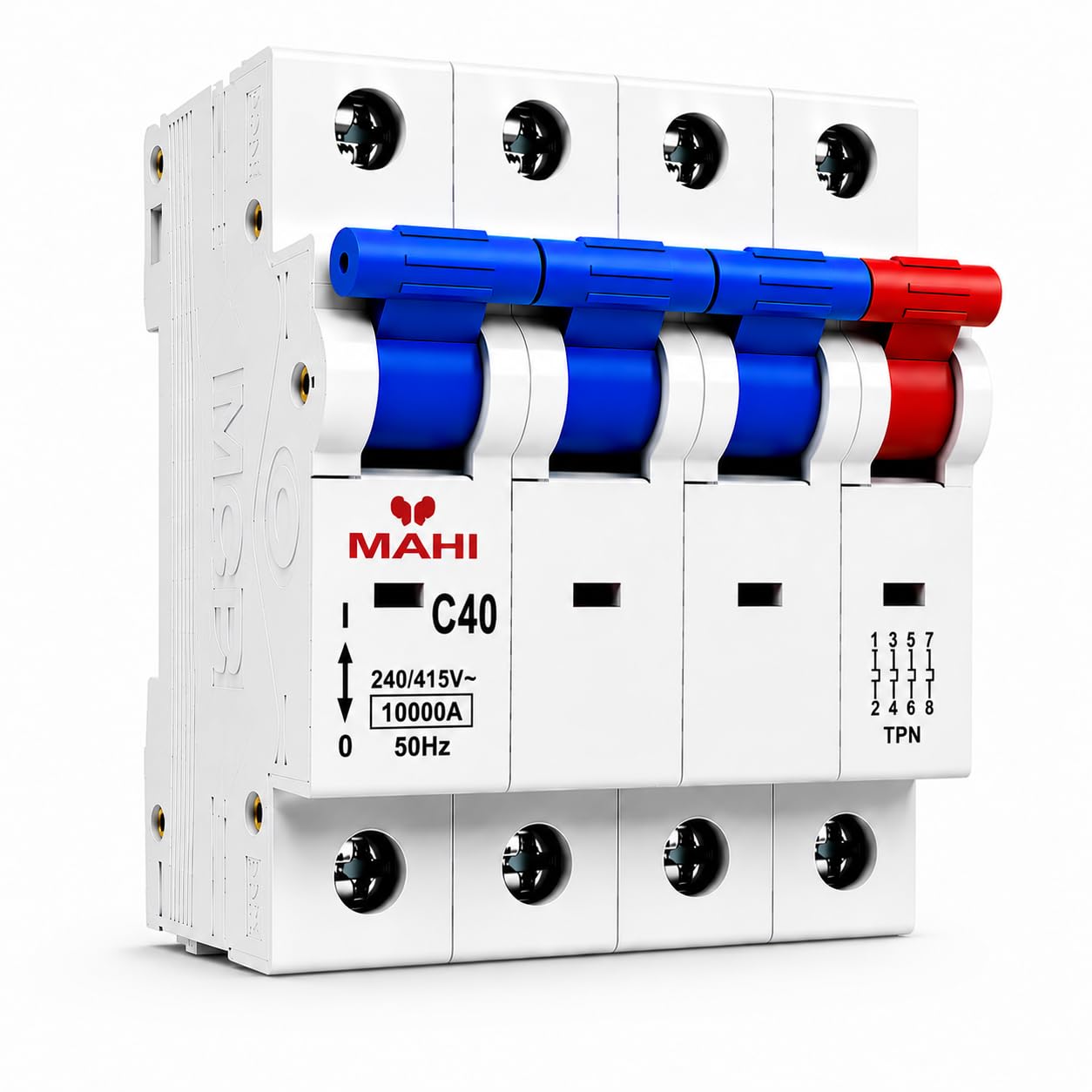 MAHI 40A Four Pole MCB C Curve, Miniature Circuit Breaker with Overload & Short Circuit Protection, 40A Breaking Capacity, Durable Polycarbonate Body for Home & Industrial Use