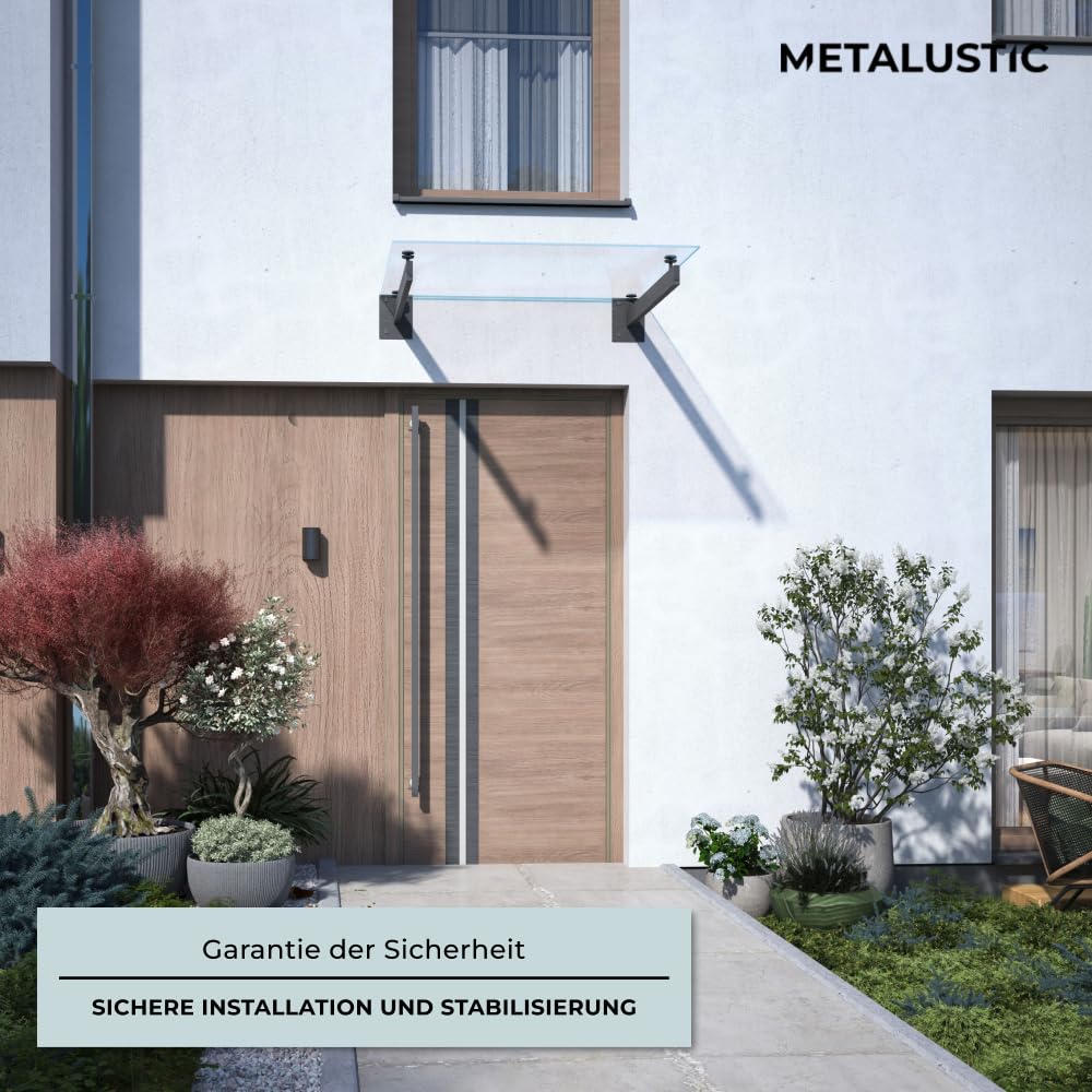 Glasvordach 1200 X 1000 mm, einfach, RAL 7016, 55,4 mm Glas, 30/60 mm Ausladung, Vordach, Türvordach, Haustürvordach, Farbloses Glas, Lackierte Balken: anthrazit