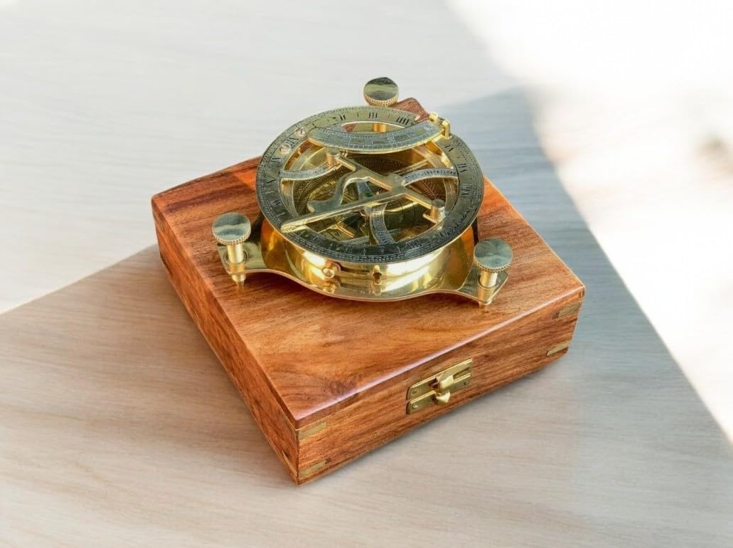 Vintage Brass Sundial with Wooden Box,