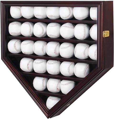 ARRAWIS Vitrina de béisbol de madera maciza 30 soportes de béisbol para montaje en pared caja de sombra de béisbol con cerradura anti decoloración