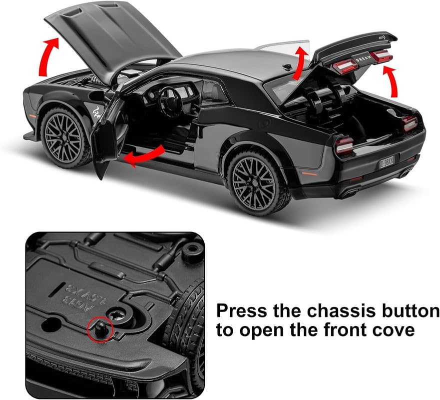 Image of Invite Enterprise 1:24 Dodge Challenger SRT Exclusive Alloy Metal Pull Back Die-cast Car Model with Sound Light Mini Auto Toy for Kids Metal Model Toy Car with Sound and Light(Black)