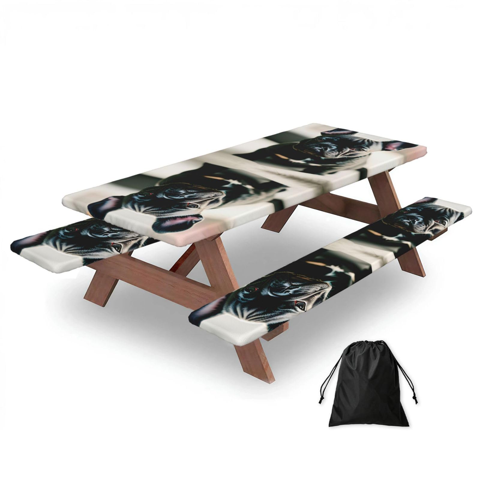 Zyjhyy Black Adorable French Bulldog Print Party Table Covers With Bench Covers Set Of 3 Picnic Table Cloth Wipe Clean For Garden Camping