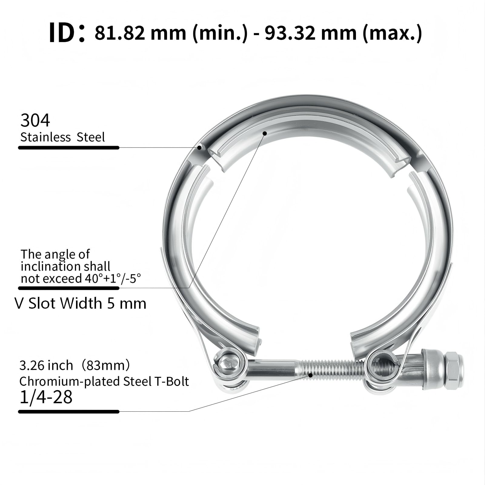 Lot de 1 collier d'échappement à bride en V en acier inoxydable 304 pour turbo, destiné aux tuyaux d'échappement de 2,5 pouces (63,5 mm) (lot 1 sans bride)