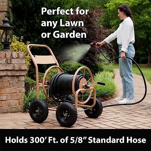 Liberty Garden Industrial 4 Wheel 300 Foot of 0.625 Inch Hose Steel Frame Water Hose Reel Cart for Backyard, Garden, or Lawn, Beige