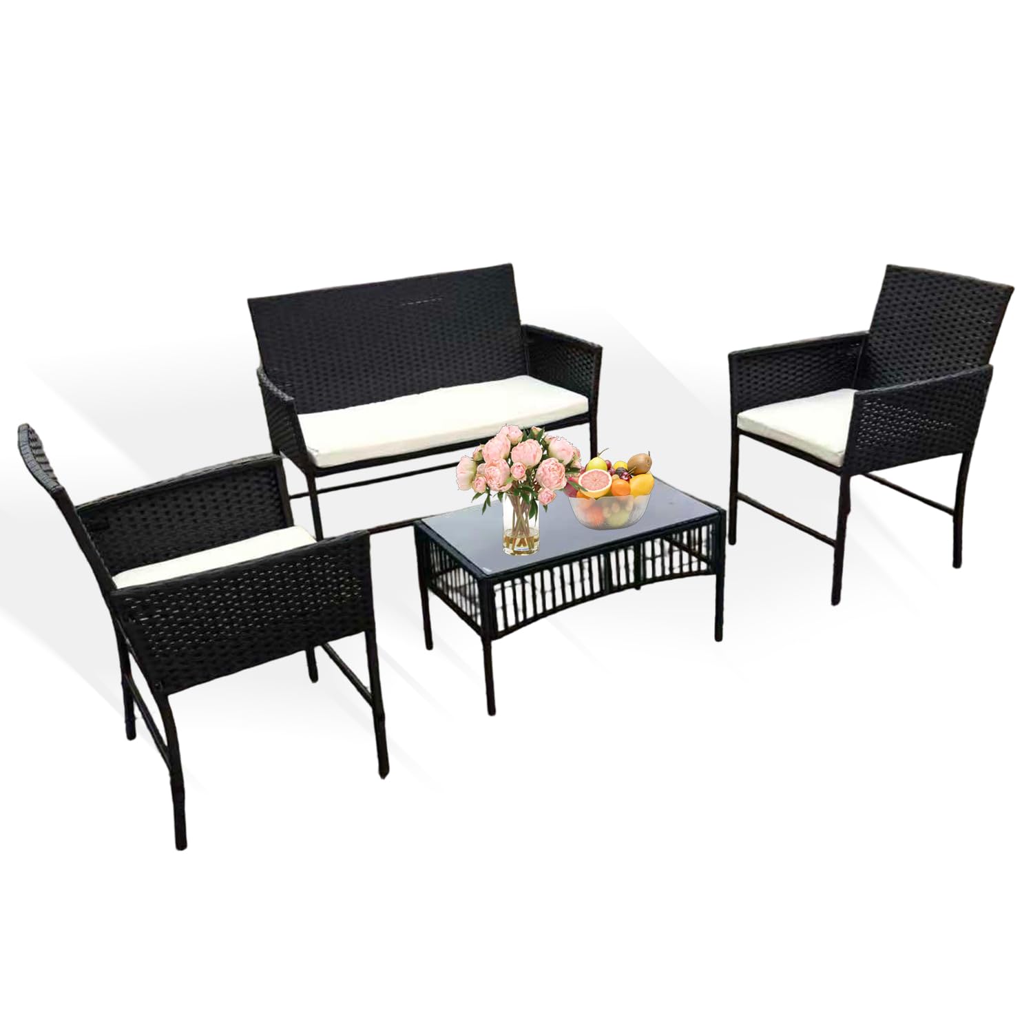 Holywarm Rattan Garden Furniture Set: 4-Piece Outdoor Patio Furniture Set with Table and Chairs, Garden Conversation Bistro Sofa Set for Yard, Pool, or Backyard (Black + Beige Cushions)