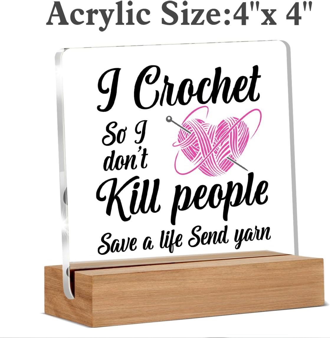 Crochet Gifts for Women Knitters Grandma Mom, I Crochet to Keep Calm and Carry Yarn Acrylic Plaque Sign with Wooden Stand, Funny Craft Room Desk Decor 4x4 Inch image 2