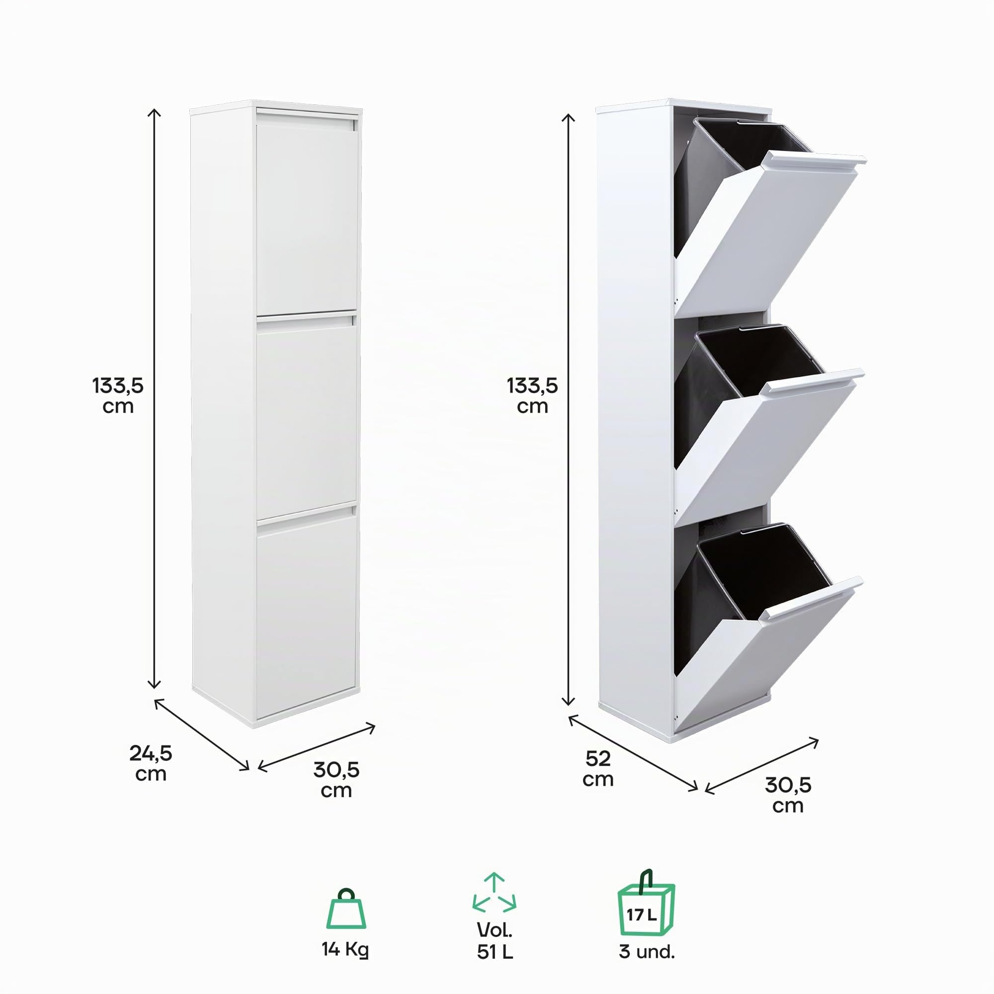 Arregui Basic CR301-B Recyclage en Acier, Poubelle de tri sélectif, 3 seaux, 3 x 17L (51L), Blanc, 133,5 x 30,5 x 24,5 cm