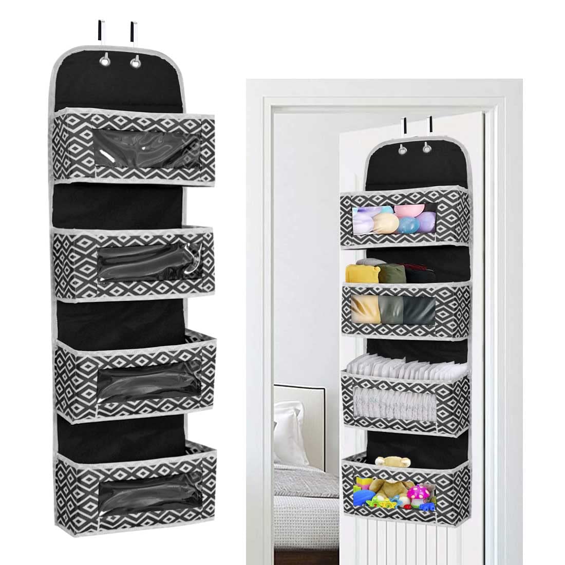 PrettyKrafts Over Door Hanging Organizer with 4 Large Pockets,Wall Mount Storage with Clear Windows and 2 Metal Hooks, Non-Woven Fabric Closet Organizer for Bedroom Nursery Pantry Toys (Diam Black)-image-11