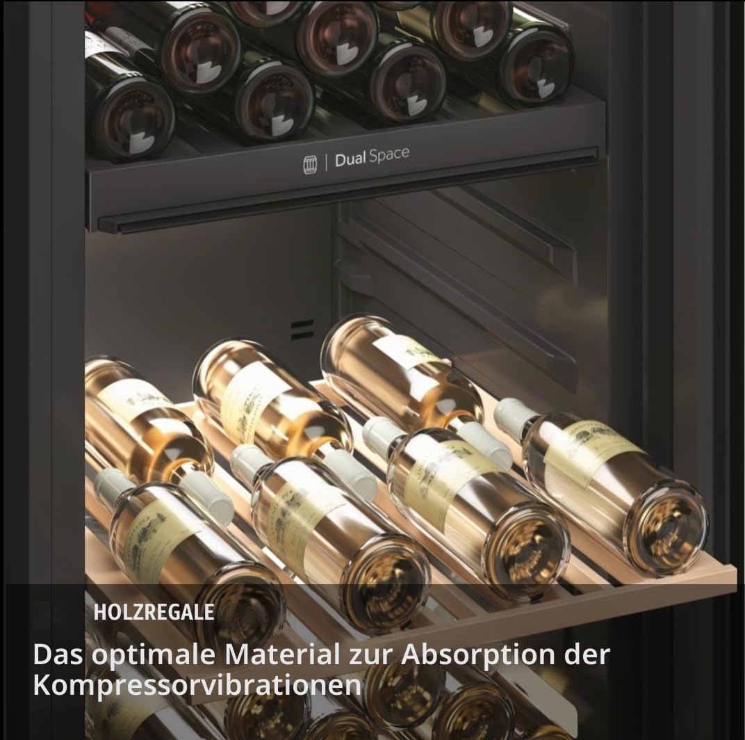Haier HWS49GA Weinkühlschrank / 49 Flaschen / 82 cm Höhe / 1 Zone/hOn-App/UV-undurchlässige Glastür / 4 Holzablagen / 3D-LED Beleuchtsystem/Vibrationsarmer Kompressor, Schwarz