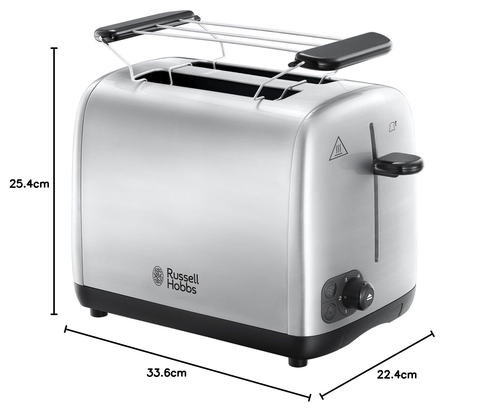 Russell Hobbs Tostapane - 2 Fette - Acciaio Inox Satinato; Scomparti per toast extra larghi, 6 livelli di doratura e funzione di scongelamento; Funzione solleva e guarda; 850W, Adventure 24080-56