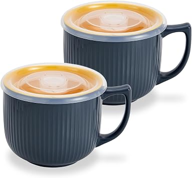 Ceramic Soup Bowl with Handle   Large 900ml Microwave Soup Mug with Lid, Soup Container & Cup for Cereal, Oatmeal, Ramen, Noodle, Porridge, Housewarming Gift - Set of 2Grey