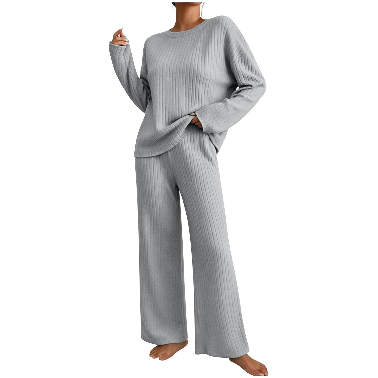 Conjunto Punto Mujer,Traje de Casa Jersey Manga Larga y Pantalones Anchos