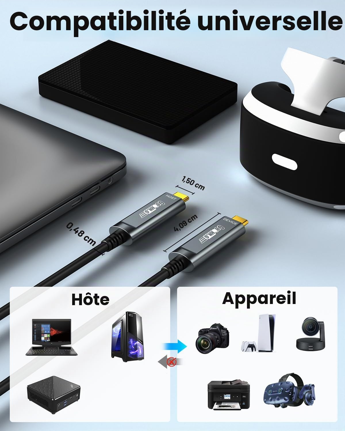 GeoHN.G Câble USB C vers USB C Fibre Optique 10M, 10Gbps Active Optical USB 3.2 Gen2 avec Puce Allemande SiliconLine, Longue Distance pour Machine Vision, Caméra 4K Logitech, VR/AR, Vidéoconférence
