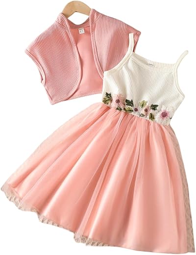 Girls Peach Floral Embroidered Party Dress with Matching Shrug | Sleeveless Tulle A-Line Frock for Kids | 2-Piece Birthday...
