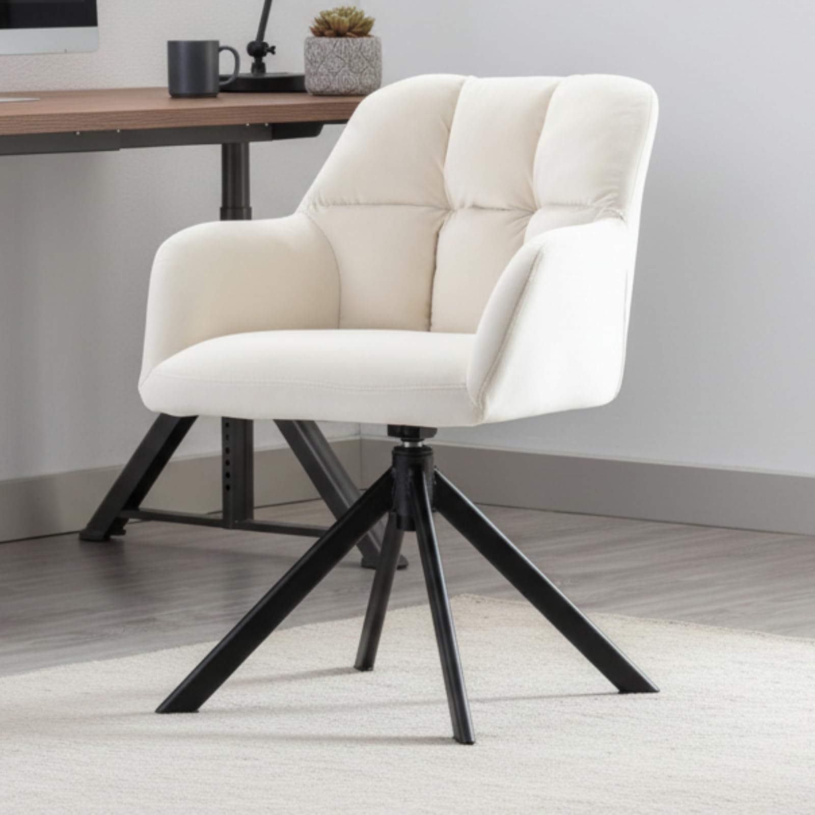 Ya-Home Velvet Home Office Chair Modern Swivel Armchair with Metal Legs, Occasional Desk Accent Chair for Living Room/Bedroom, Beige