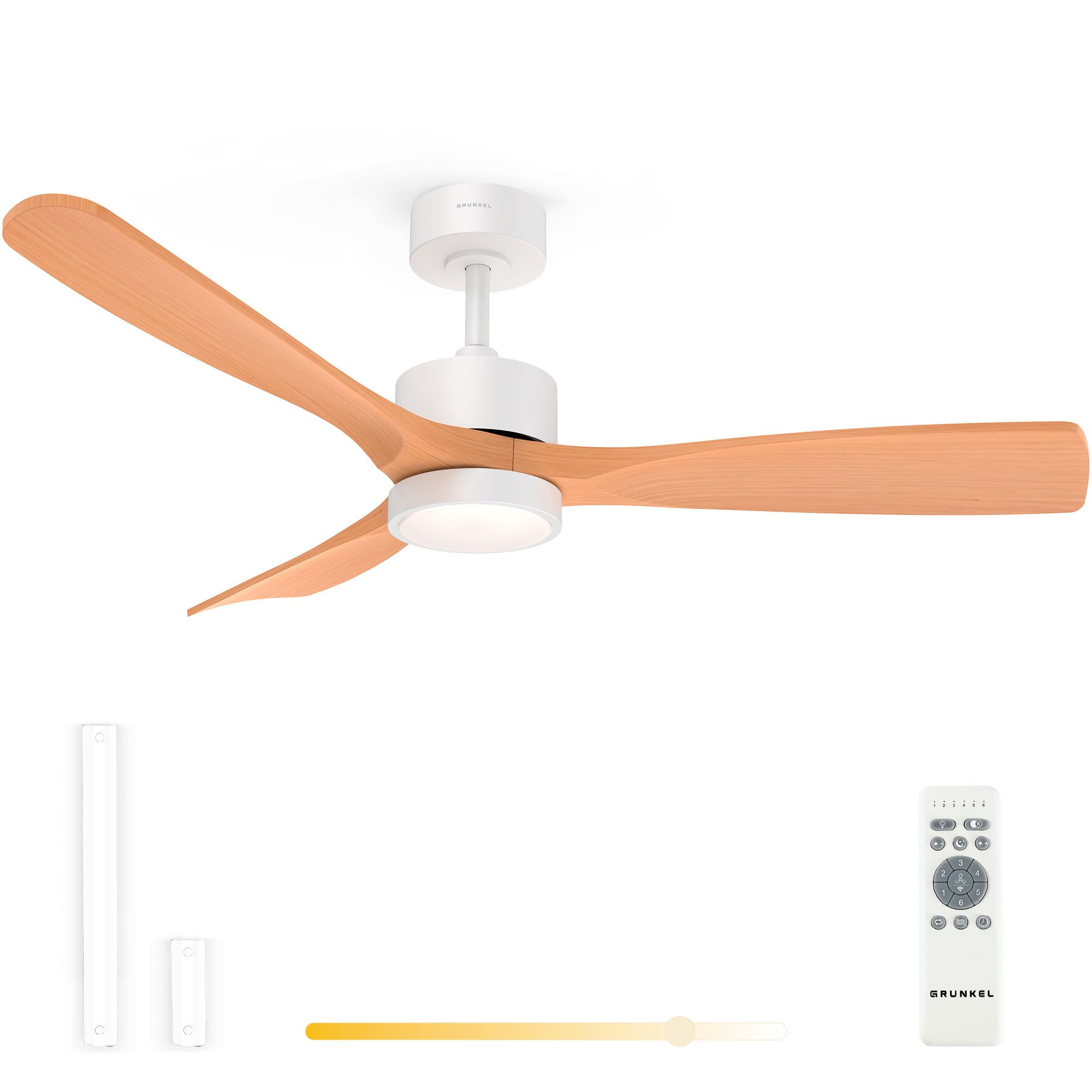 Grunkel - Ventilador de techo con luz LED. Motor DC. Mando a distancia. 6 velocidades. Temporizador 8 horas - 35W aspas imitación madera (Plástico)