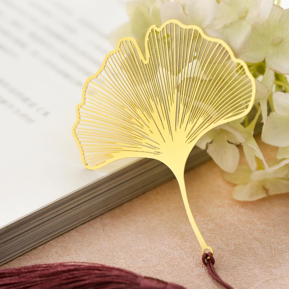 Messing Bladwijzer Met Kwast – Ginkgo Biloba – Uniek Cadeau Voor Lezers, Collega’s Of Vrienden (kerst Of Afscheid) 4 miniatura