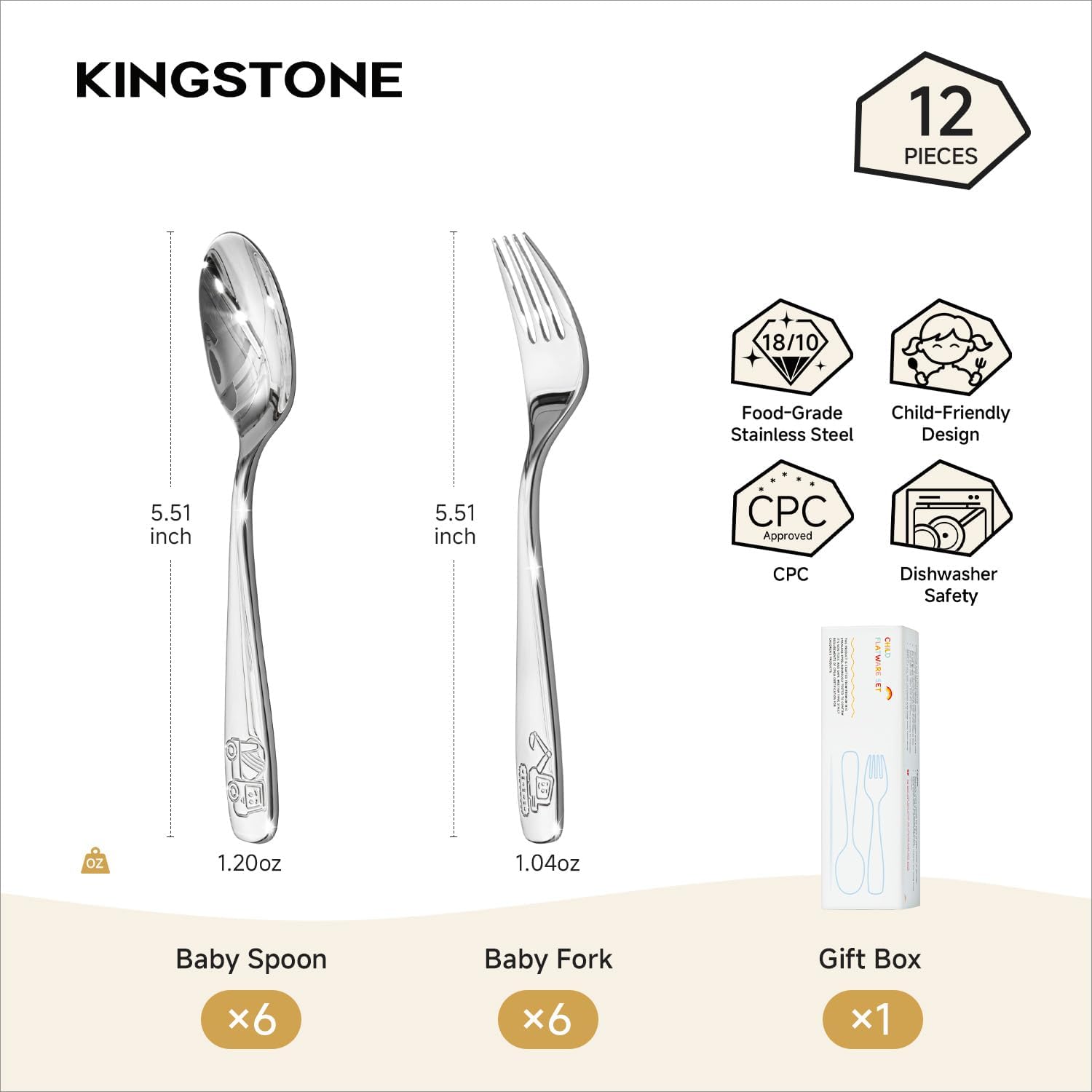 KINGSTONE Toddler Silverware Set, 12 Pieces Kids Utensils - 6 Forks & 6 Spoons, 18/10 Stainless Steel Food-Grade Kids Flatware, Construction Vehicle, Digger & Dump Truck Dishes, Dishwasher Safe