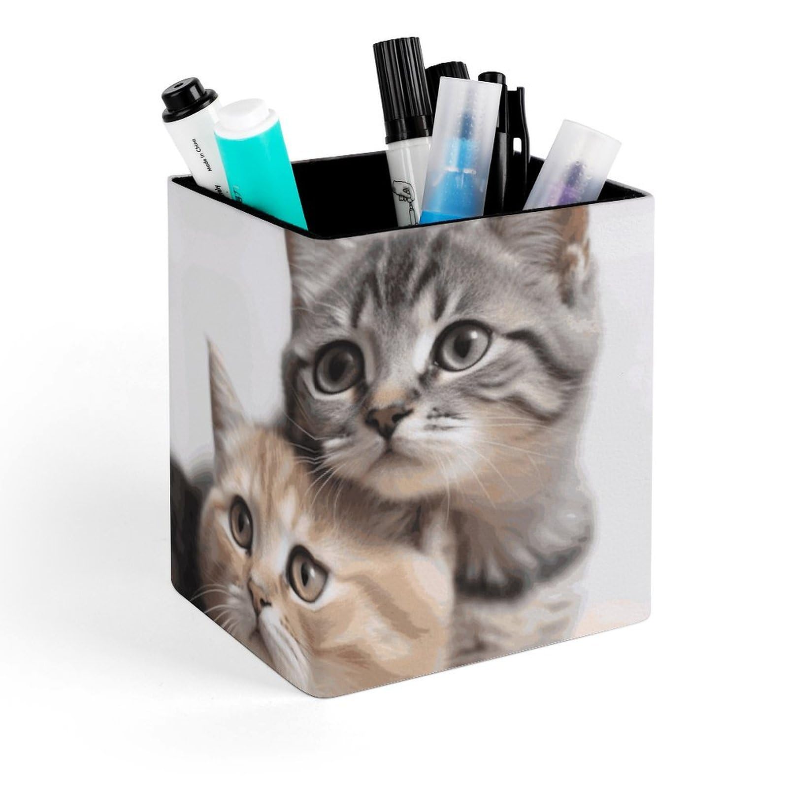 DWVTSLH Aesthetic Pen Holder for Desk - Modern Leather Pencil Holder - Stylish Square Makeup Brush Holder - Cats Pen Cup Cute And Functional Desk Organizer for Office Supplies
