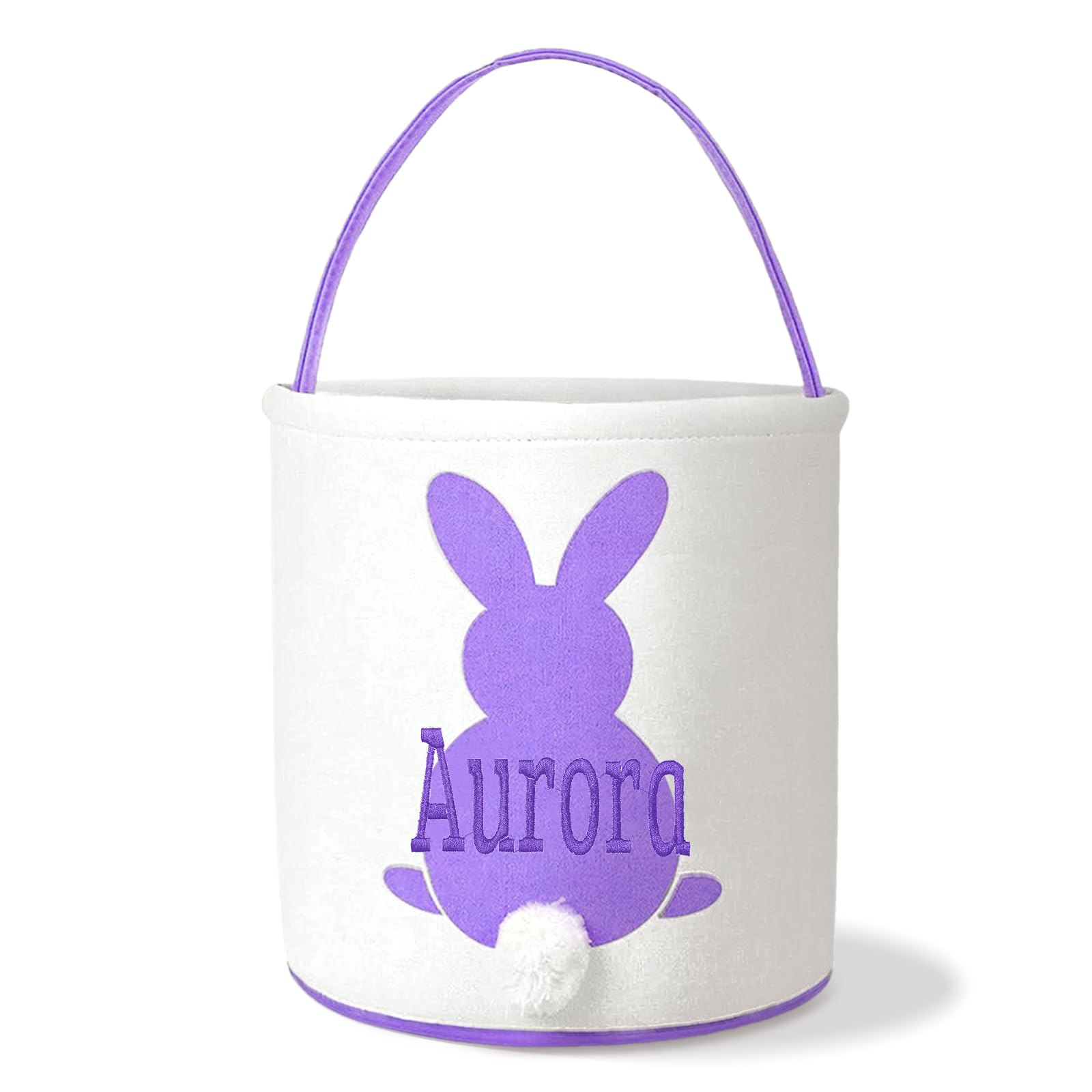 DegGod Personalized Easter Bunny Basket Bags for Boys or Girls,Customized Rabbit Print Buckets with Fluffy Tail Easter Egg Hunt (Purple, Bunny A)