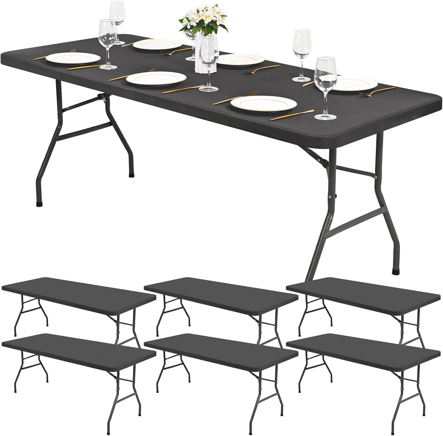 6 Pack Stretch Fabric Table Top Cap Cover, fits 6Ft Tables, Spandex Table Covers Washable Elastic Universal Rectangle Tablecloth Protector for Indoor Outdoor Party Picnic Wedding, White, 30" W x 72" L