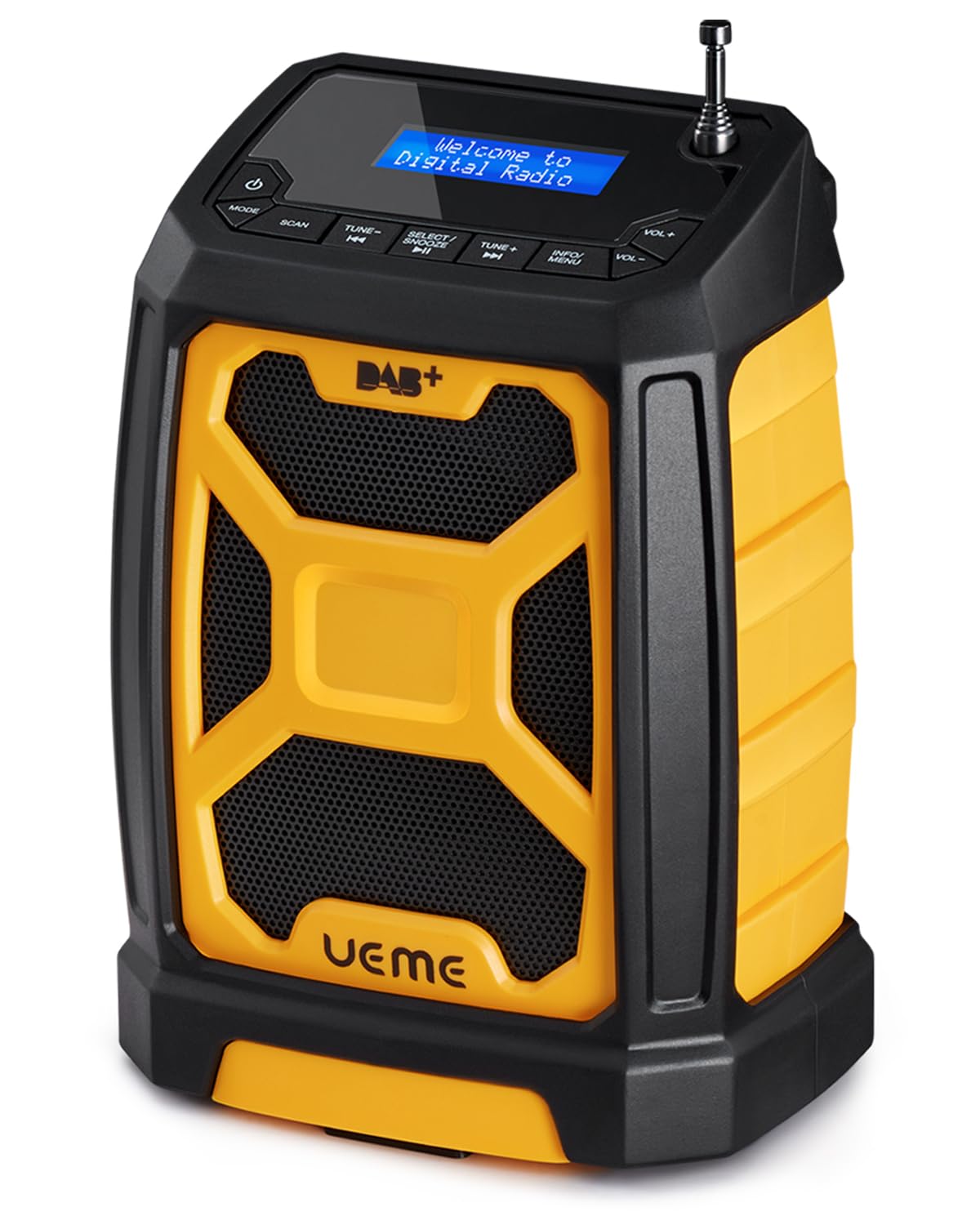 Baustellenradio Mit Akku Aufladbar (6000mAh), Tragbares DAB+/FM Radio, Bluetooth Lautsprecher & Dual Radiowecker,Starkem Empfang, Staubbeständig/Stoßfest für Baustelle/Camping/Garten (Gelb)