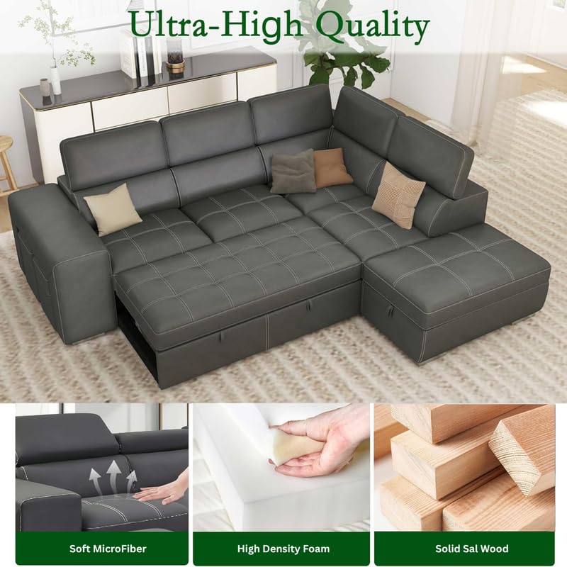 Image of Homax. - Rumi1L-Shaped Sectional Sleeper Sofa Couch in 5 piece with Pull-Out Bed, Storage Ottoman & Adjustable Headrests, Leatherette upholstered, Left-Facing Chaise, Beige
