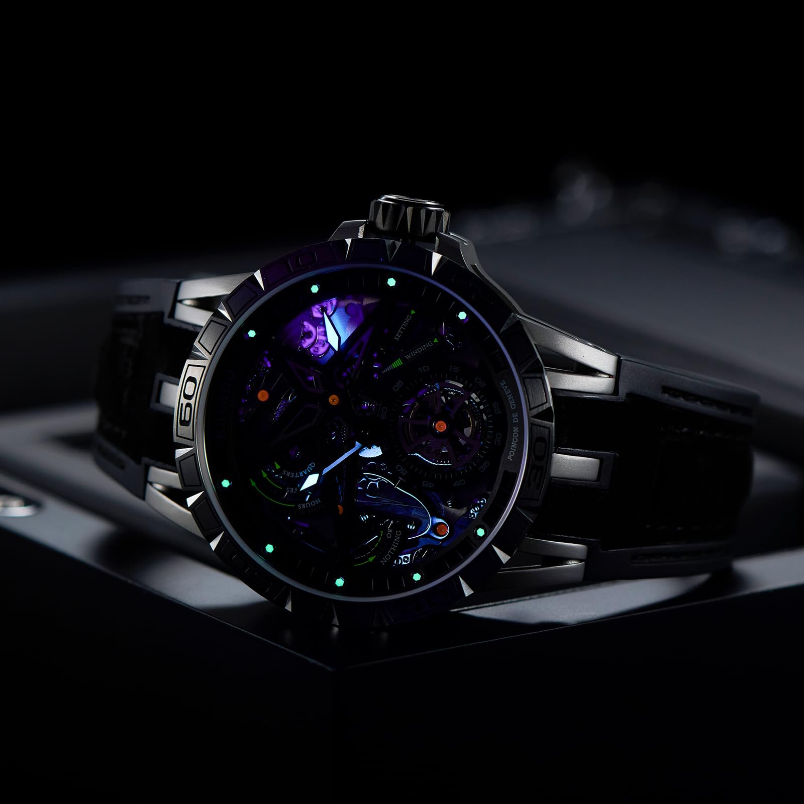 OBLVLO Męski 46 mm mechaniczny automatyczny zegarek maszynowy z wydrążoną tarczą 50 m wodoodporny gumowy pasek wojskowy zegarek RD-901