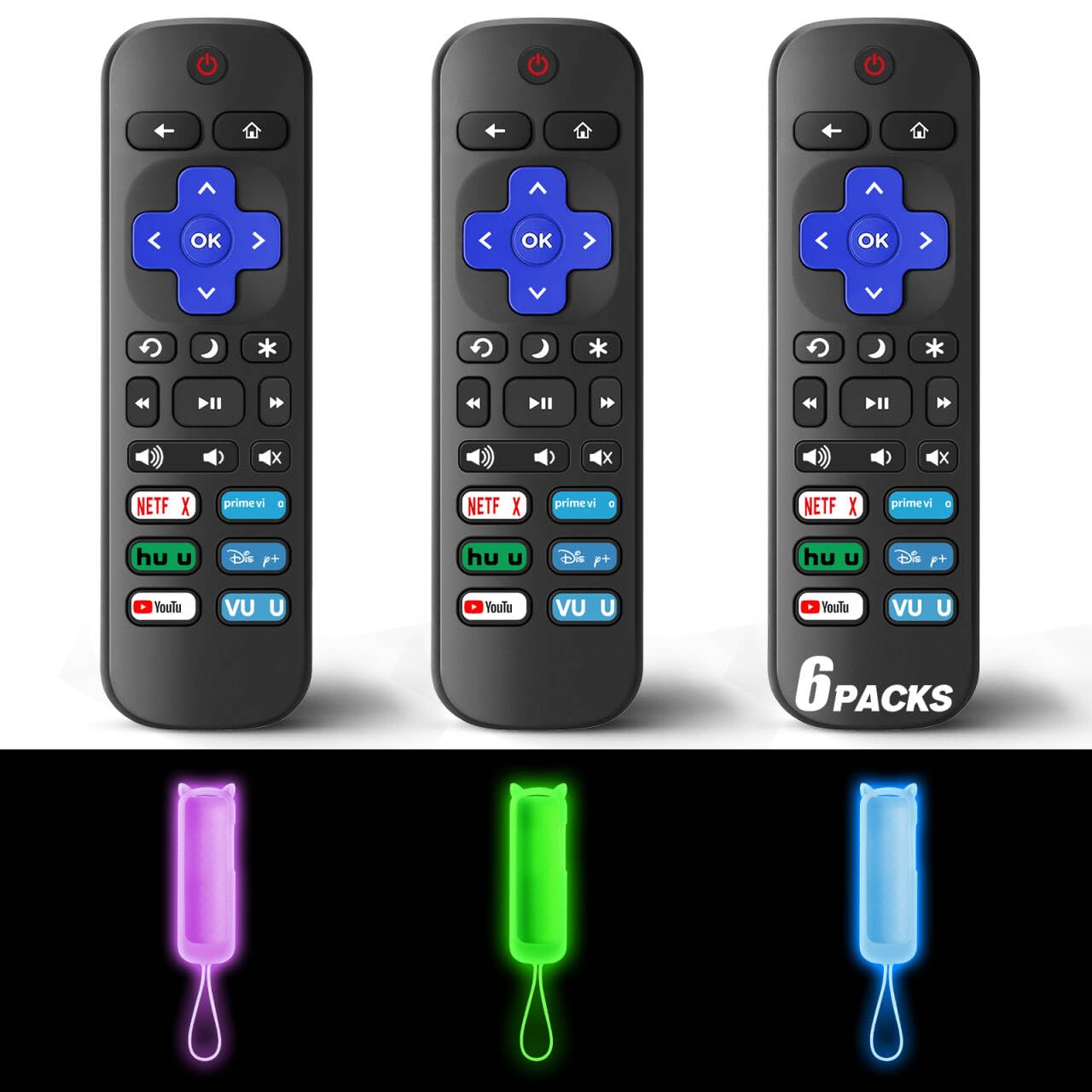 Zestaw 3 wymiennych pilotów zdalnego sterowania tylko do telewizora Roku z miękką obudową (świecące), uniwersalny pilot do TCL Roku/Hisense Roku/Onn Roku/Sharp Roku/Element Roku