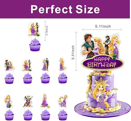 Miniatura 4 de 25 decoraciones de cumpleaños enredadas con 24 adornos Rapunzel para cupcakes, 1 adorno para pastel para suministros de fiesta de cumpleaños Rapunzel