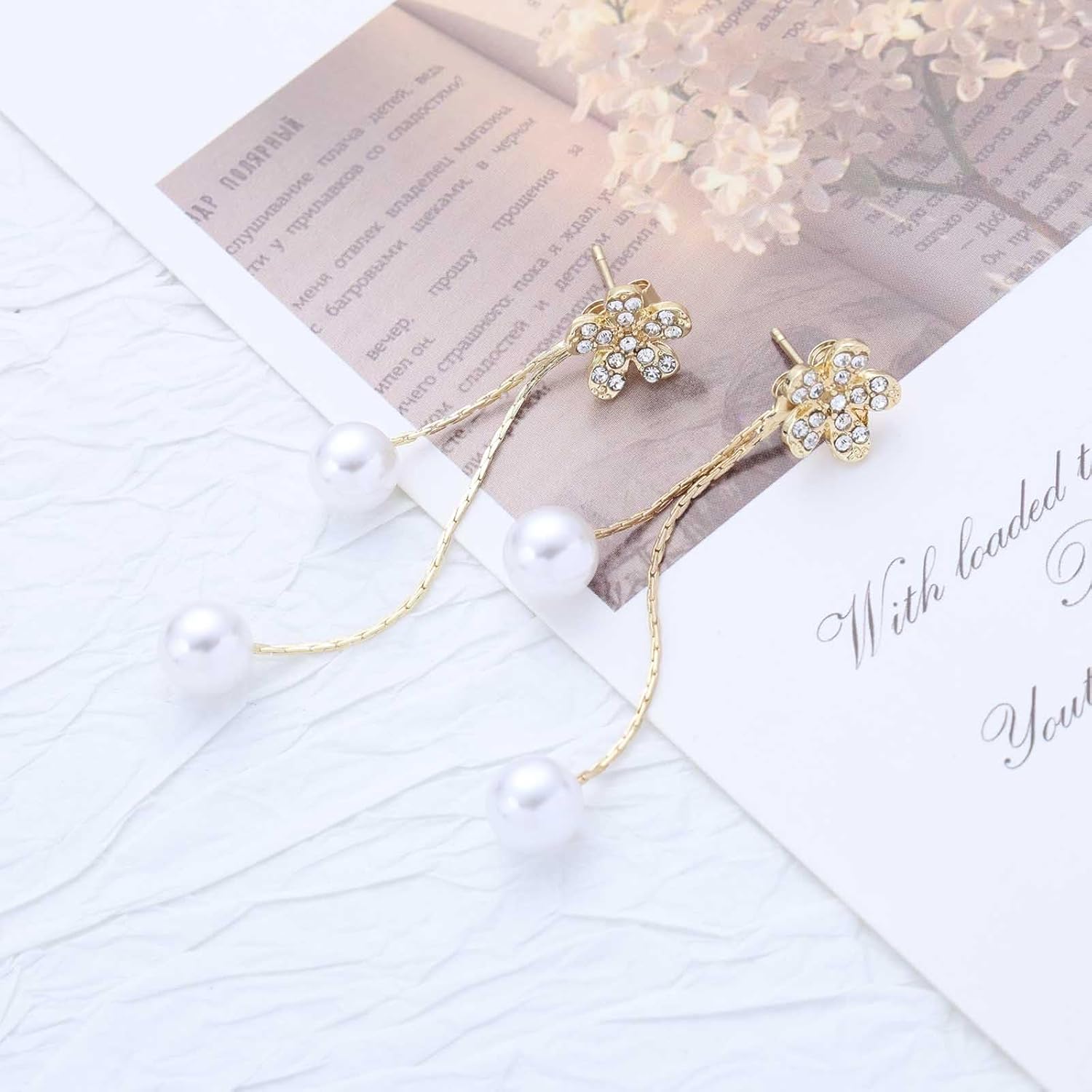 Vintage Pearl Ear Jacket Earrings Crystal Flower Stud Earrings Long Pearl Drop Front Back Long Tassel Chain Dangle Jewelry for Women - Image 4