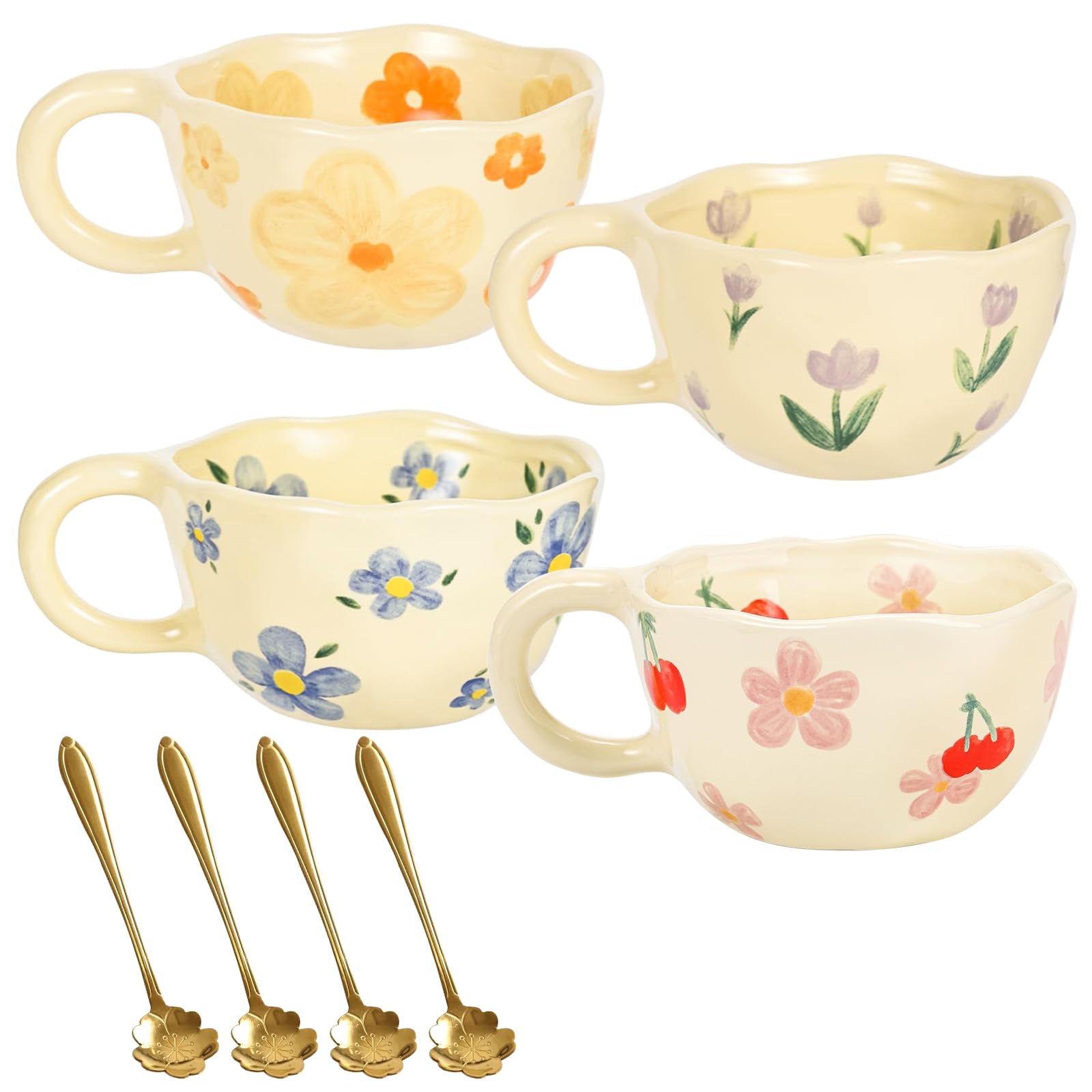 PORFOYO Set di 4 tazze in ceramica: 4 pezzi di tazza da tè in ceramica fatta a mano con fiore, tazza da caffè creativa estetica regalo di latte, tazze irregolari per la casa e l'ufficio (stampato)