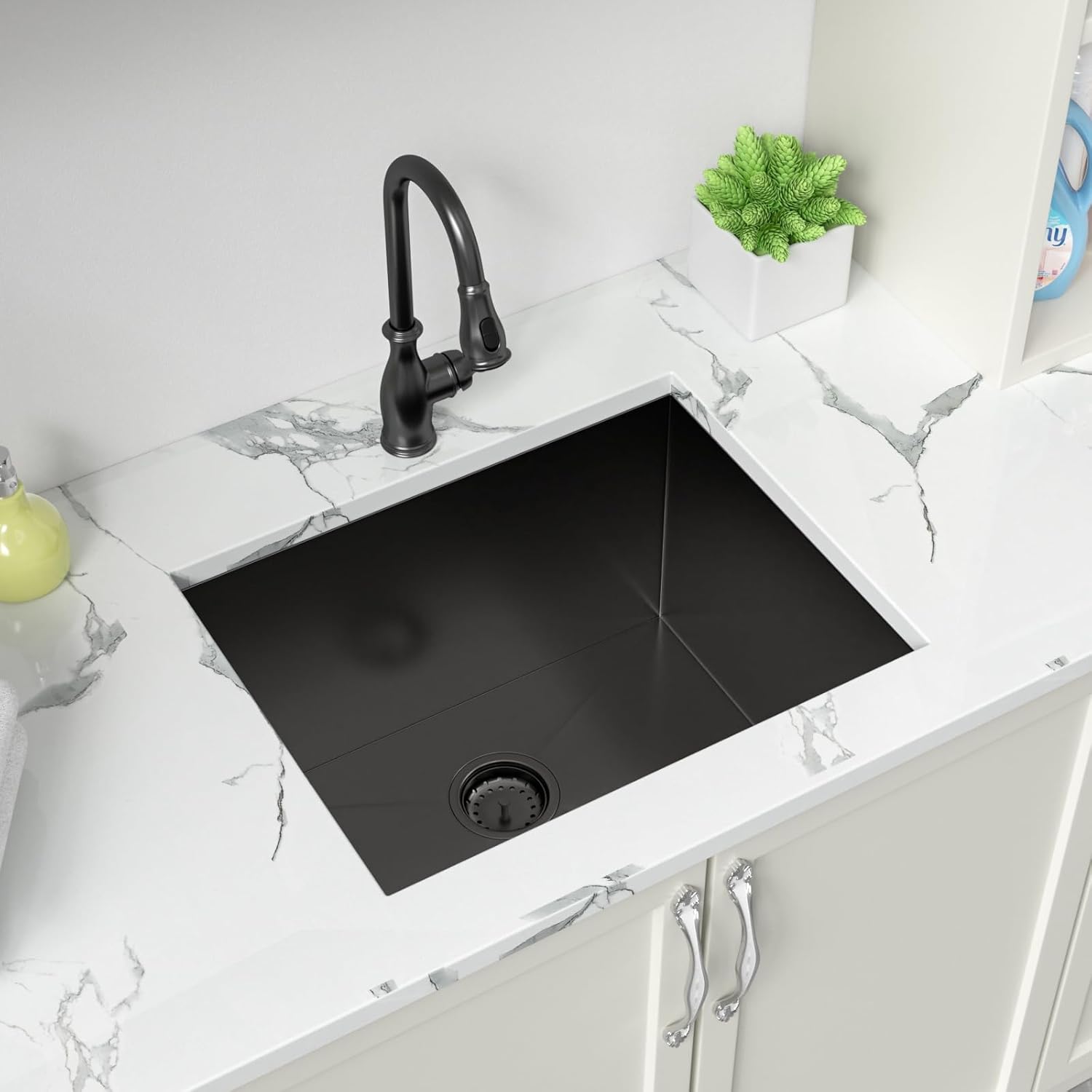 Sarlai Black Undermount Laundry Sink 24 Inch - 13 Inch Deep Undermount Laundry Utility Gunmetal Black Sink Single Bowl Kitchen Sinks 16 Gauge Stainless Steel Laundry Tub Sinks Basin 24"x19"x13"