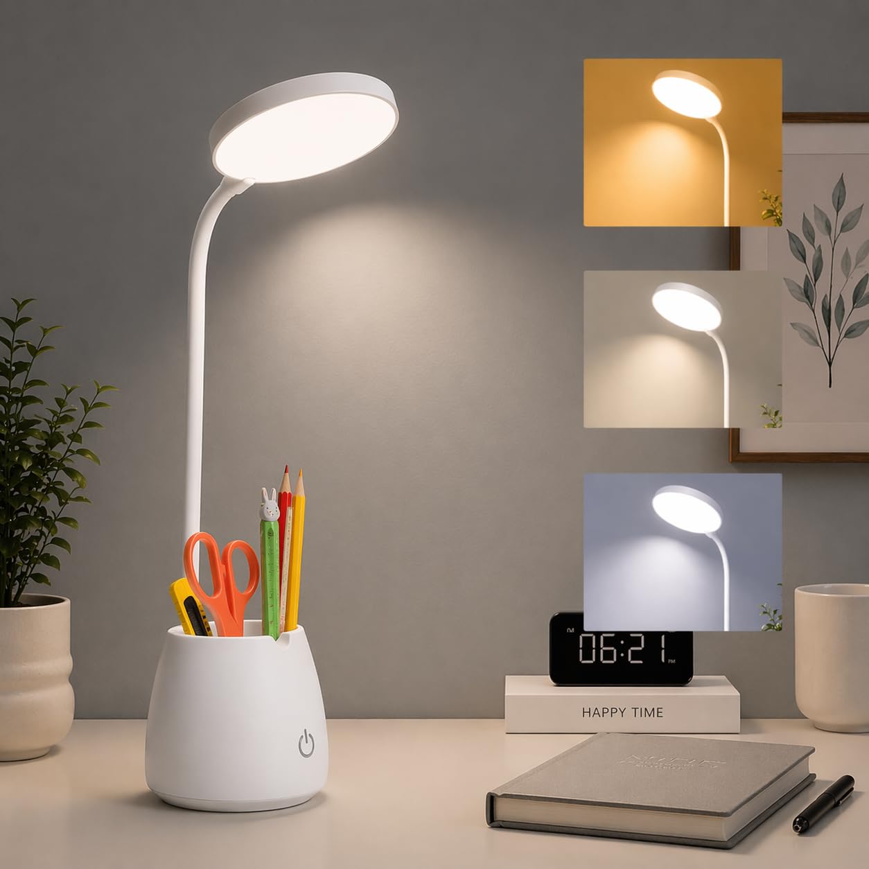 One94Store RoundGlow Rechargeable LED Desk Lamp – Touch Control Table Lamp with 1200mAh Battery, Adjustable Brightness & Color Temperature, Portable Study Lamp with 80cm USB Cable
