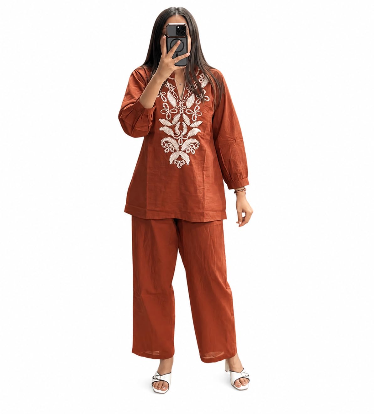 Women's Cotton Embroidered Tunic and Palazzo Co-ord Set-image-49