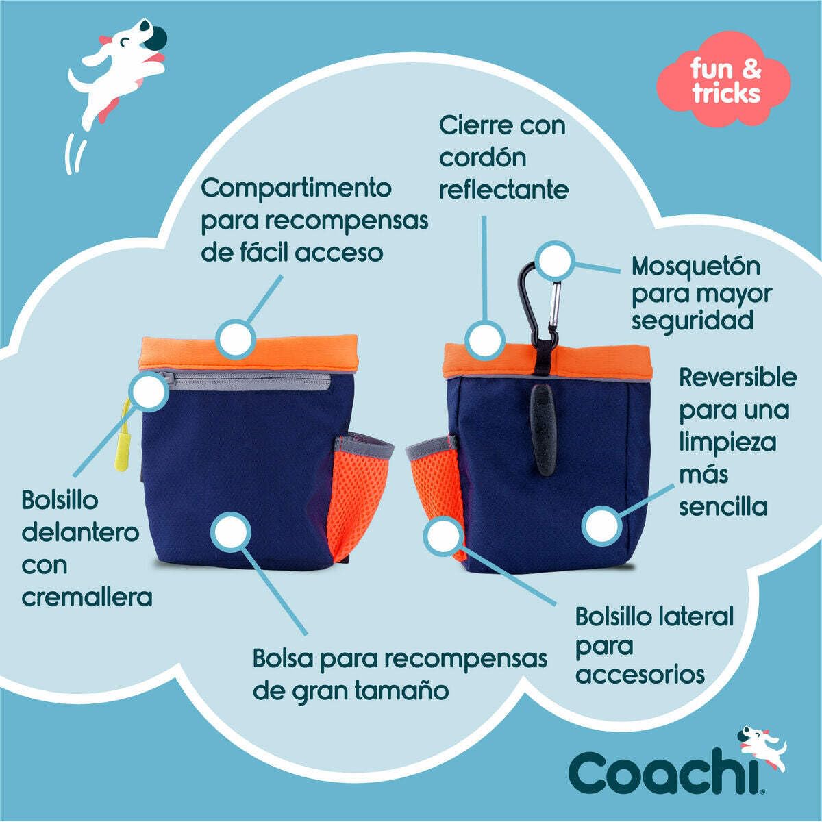 Coachi Train & Treat Saszetka na przysmaki | Granatowy/Koral | Kieszeń na zamek, zamknięcie ze ściągaczem, zaczepy do paska, pasa spodni lub kieszeni. Idealna na spacery z psem i treningi
