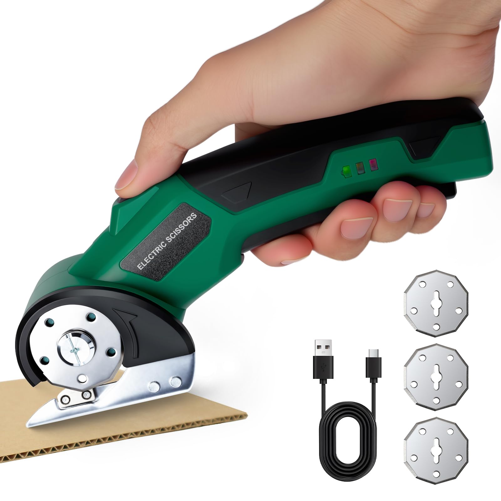 Kartonschneider Elektrische Schere SharpSpin Kabelloser Akku Universalschneider - Cardboard Cutter mit 3 Selbstschärfende Klingen für rollschneider Stoff, Pappe, Teppich, Leder, Filz, Kunststoff