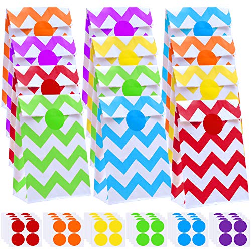 Cooraby  60 Pieces Paper Bags Waves Party Bags Flat Bottom Paper Bags Kraft Treat Bags with 96 Pieces Label Stickers for Party Favor